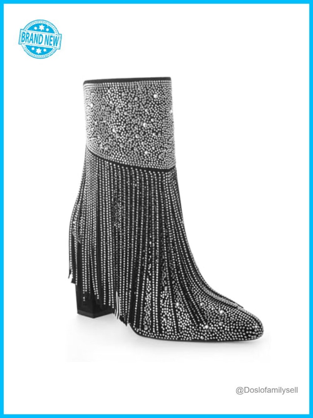 Rhinestone Fringe Ankle Boots 3.5in Heel Western Cowgirl Booties Zip